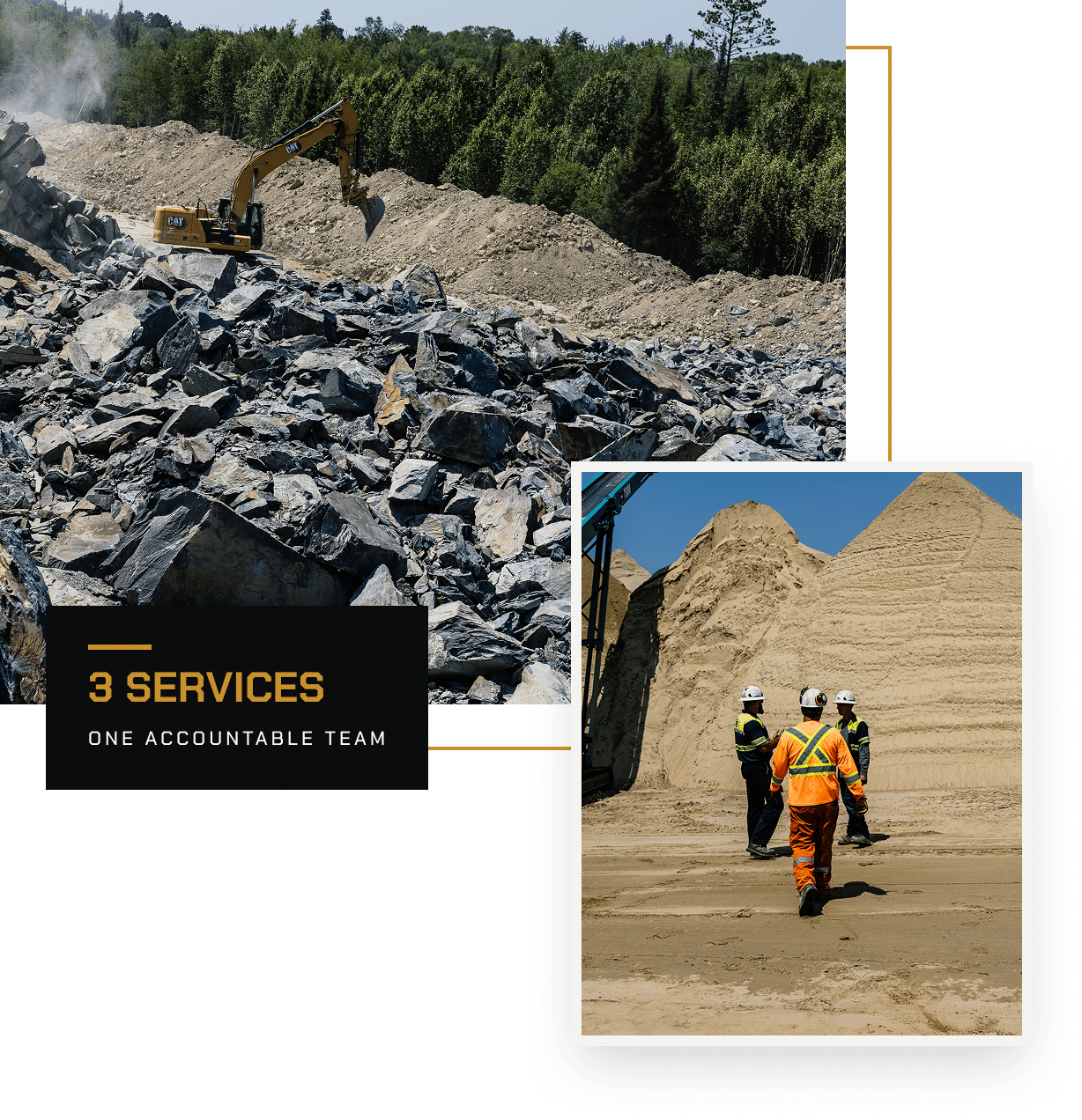 Excavator working a rock pile, with three workers walking toward aggregate stockpiles. Labeled 3 Services, One Accountable Team.